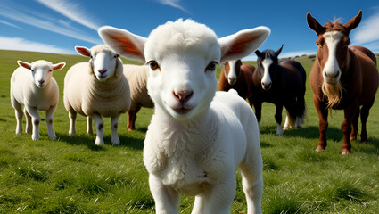 Fototapeta premium A delicate white lamb resting in a grassy field, framed by the presence of other animals in the background, capturing the harmony of rural life.