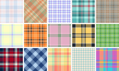 Classic plaid textile patterns featuring checkered designs in trendy colors, perfect for fabric prints, wallpaper, or stylish shirts.