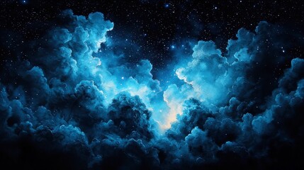 Fototapeta premium Celestial Watercolor Dreamscape, a vibrant hand-painted depiction of a starry night sky, showcasing rich blues, shimmering stars, and ethereal clouds swirling above.