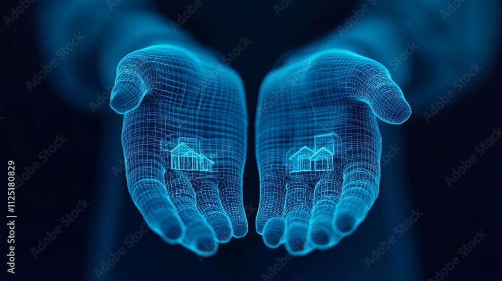 Poster futuristic digital hands displaying virtual house models on a dark background.