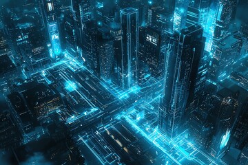 Obraz premium Futuristic city skyline with glowing blue lights and digital connections in urban landscape.