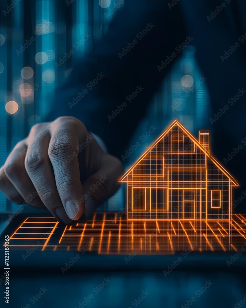 Poster a hand interacts with a digital house model on a futuristic interface.