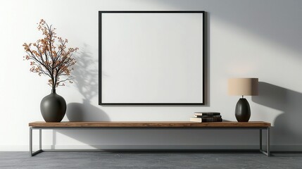 Home Interior Poster Display, horizontal metal frame showcasing an elegant design, complemented by a plant in a vase and a stylish lamp against a pristine white wall.