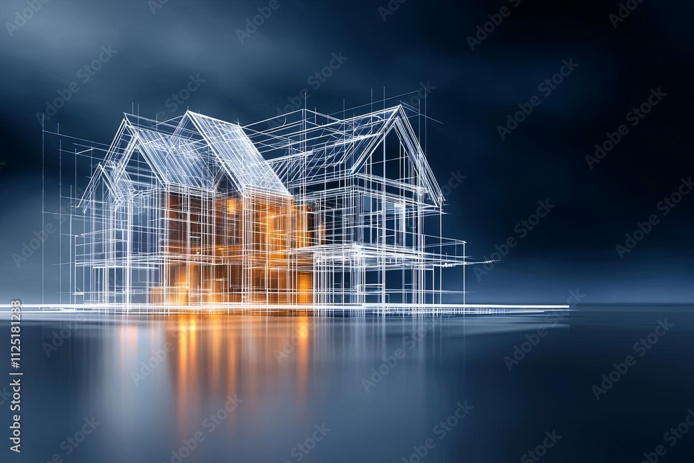 Poster conceptual blueprint of a modern house in a serene environment at twilight.