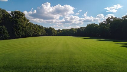 Expansive Green Lawn Under Blue Sky with Dramatic Clouds Showcasing Lush Grass and Scenic Landscape Perfect for Outdoor Activities and Relaxation
