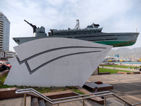 Novorossiysk, Russia 28 August 2024 Novorossiysk Monument torpedo boat inscription to the heroes of the sailors of the Black Sea coast on the embankment in the city near the port