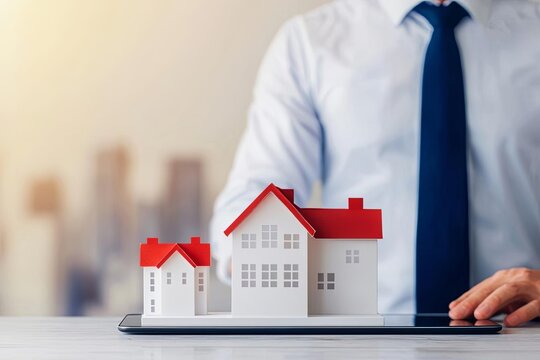 A business professional showcasing a model house on a tablet for real estate presentation.