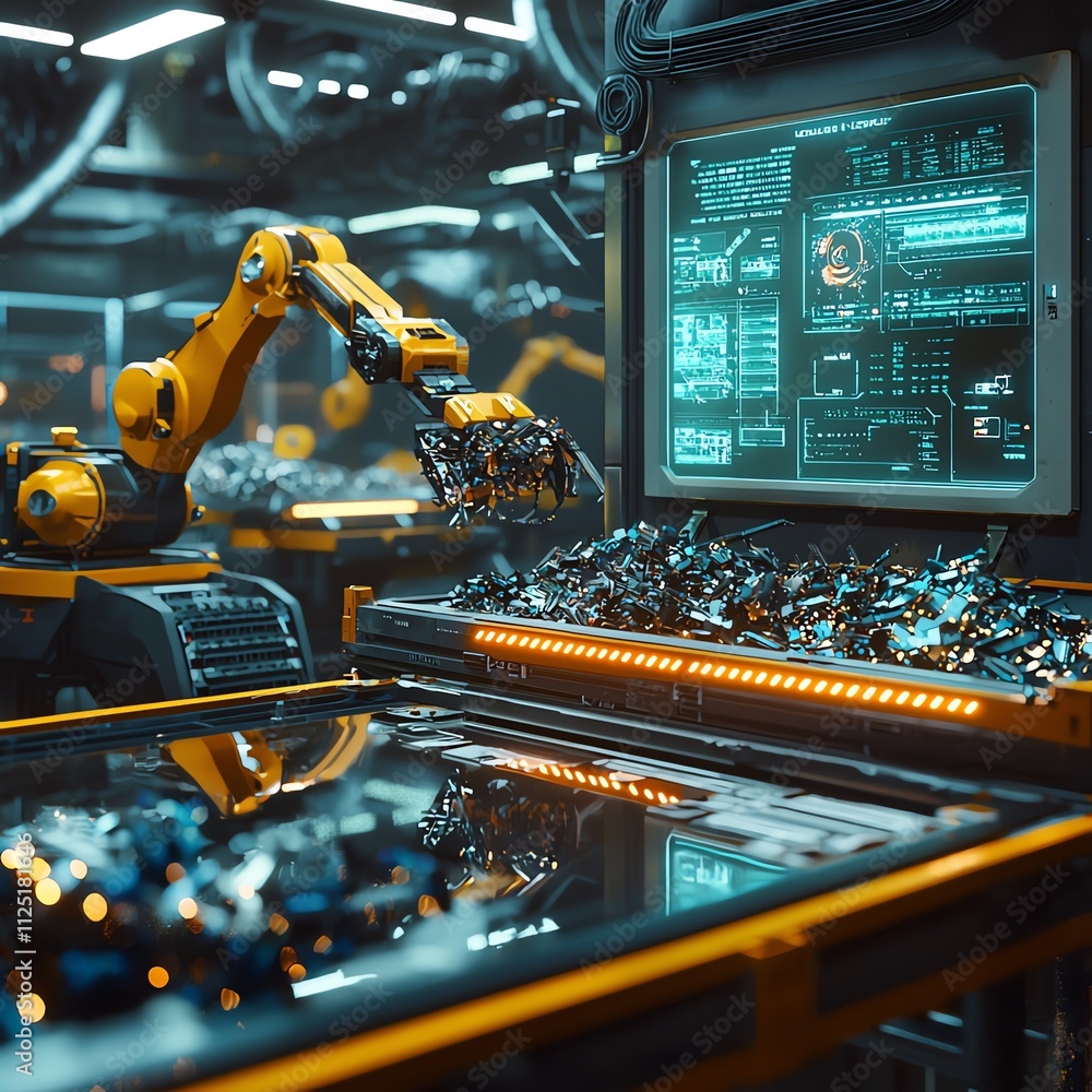 Poster futuristic robotic arm interacting with advanced machinery in a high-tech environment.