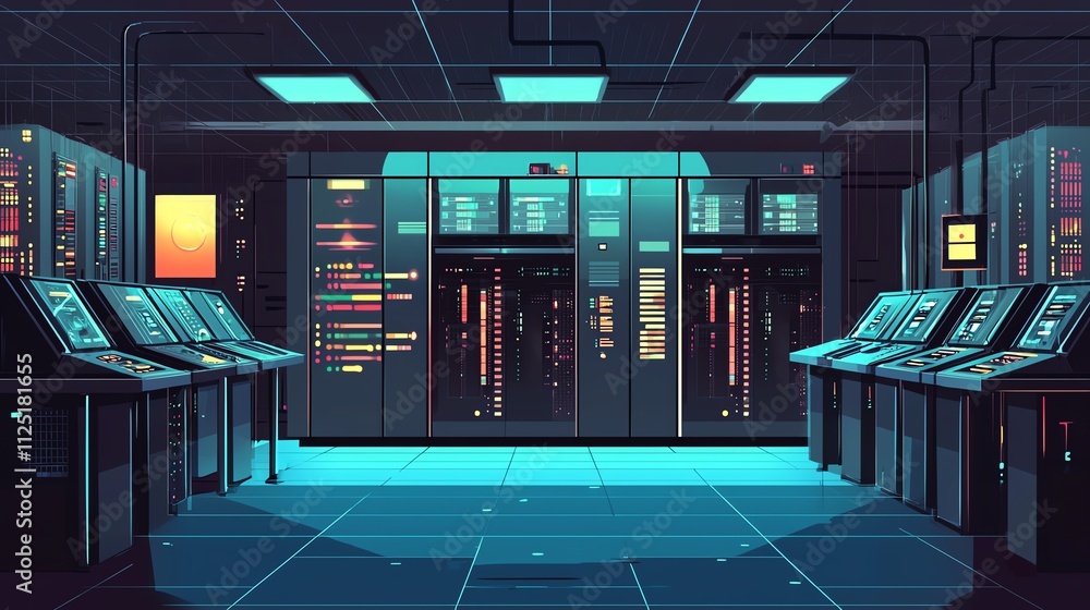 Poster futuristic server room with glowing screens and complex data displays.