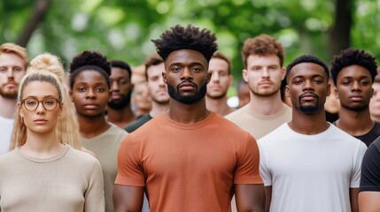 diverse group of people stands together in a park surrounded by greenery, showcasing unity and strength on a sunny day. Each person exhibits confidence and individuality in their expressions