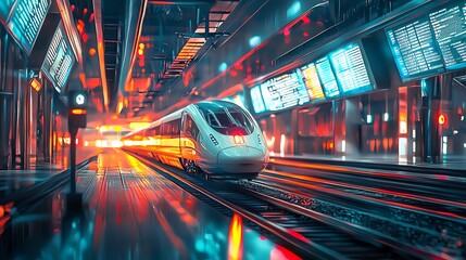 Fototapeta premium Futuristic train arriving at a neon-lit station with dynamic lighting and modern architecture.
