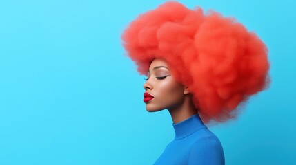 model presents an eye-catching style with voluminous red hair while wearing a blue outfit. bold color contrast creates a dynamic visual effect, enhancing fashion creativity