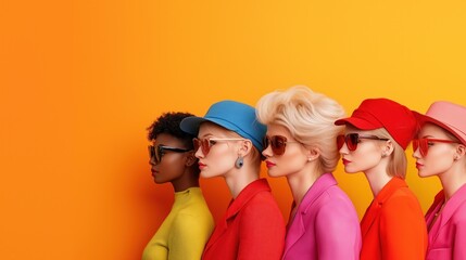 Five models stand in profile, each wearing distinct, colorful outfits and accessories