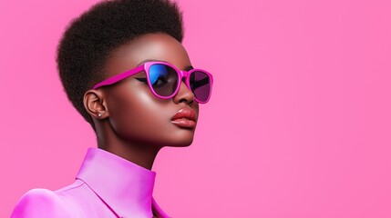 model showcases modern fashion with a striking pink outfit and bold sunglasses. Her unique hairstyle complements the vibrant colors and confident pose against a lively pink backdrop