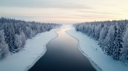 Frozen lake surrounded by snow-covered trees, the icy surface glimmering under the pale winter sun