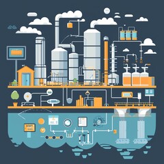 Fototapeta premium Illustration of a complex industrial facility with machinery and pipelines.