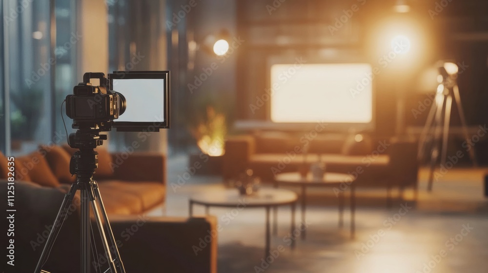 Aufkleber Interview is being recorded in a contemporary television studio showcasing modern technology and design elements, with a blurred background. Generative AI
