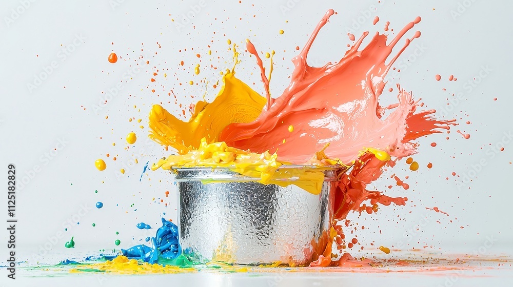 Poster vibrant paint cascade from a metallic bucket creating a colorful splash against a pristine white bac
