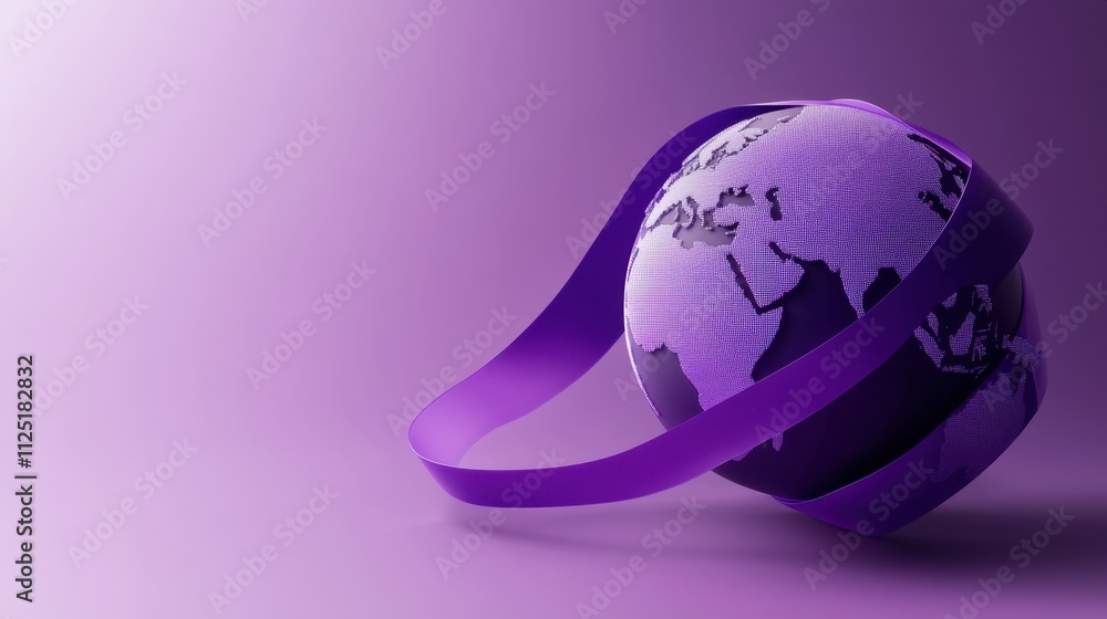 Poster purple ribbon encircling a global sphere: a 3d render of international unity and support