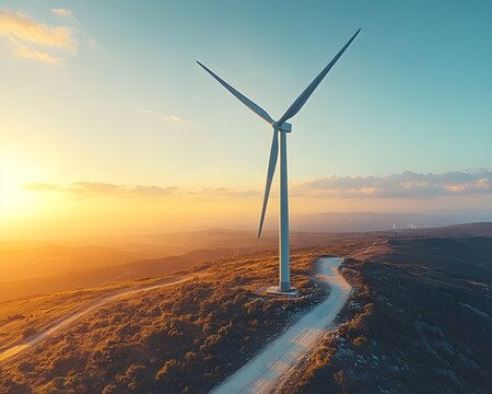 Wind turbines harness the power of the wind to generate clean, renewable energy, painting a picturesque landscape of nature and technology