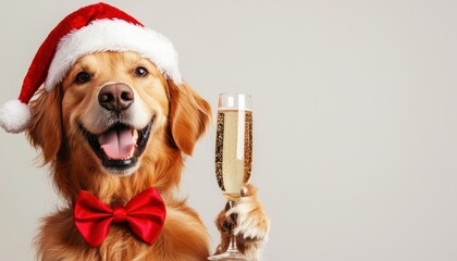 Golden retriever wearing a Santa hat and red bowtie holding a champagne glass, celebrating the holiday season with festive charm