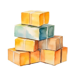 Obraz premium Watercolor of Stacked Parcels for Shipping and Delivery