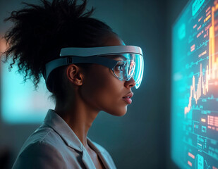 a businesswoman wearing a pair of augement reality glasses looking at a digital display with data and graphs