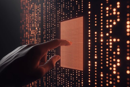 High-tech scene with a QR code illuminated in orange pixels, a hand interacting with floating virtual data in a futuristic setting