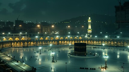 Fototapeta premium A serene view of the Kaaba in Mecca at night, illuminated by soft lighting, with the surrounding area in peaceful darkness.