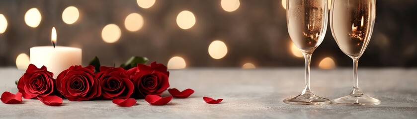 Romantic setup with red roses, candlelight, and sparkling drinks for a special occasion.