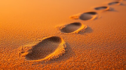 Obraz premium Serene footprints in golden sand at sunset, capturing a tranquil moment in nature.
