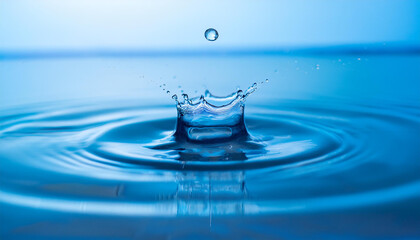 Droplet falling into blue water and forming crown of spray. Close-up.