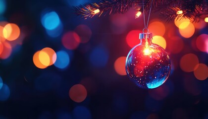Fototapeta premium Minimalistic holiday decoration featuring a clear tree ornament with sparkles, glowing softly under radiant blue light