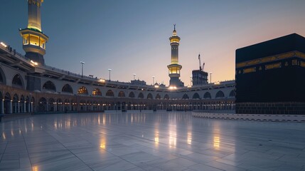 Obraz premium A serene view of the Kaaba in Mecca at dawn, with the first light of day illuminating the golden accents on the structure.