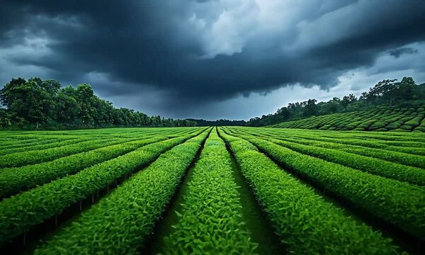 Lush green tea fields under a dramatic cloudy sky.