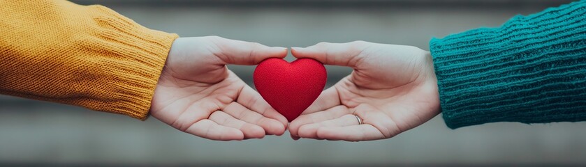 Obraz premium Two hands holding a red heart symbolizing love and connection between people.