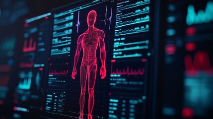 Medical data analysis digital health interface infographic high-tech environment close-up view human anatomy insight