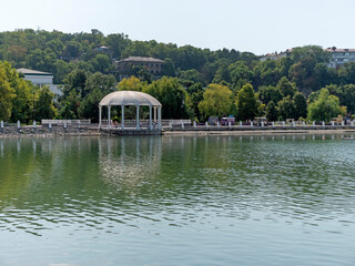 Abrau Durso, Russia 28 August 2024: Picturesque view of embankment of lake Abrau on sunny day in Abrau Durso