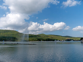 Abrau Durso, Russia 28 August 2024: Picturesque view of embankment of lake Abrau on sunny day in Abrau Durso