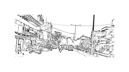 Obraz premium Building view with landmark of Varanasi is the city in India. Hand drawn sketch illustration in vector.