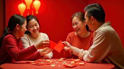 Happy Chinese Family Sharing Hong Bao Red Envelopes Chinese New Year Celebration Festive Background