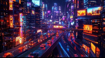 Obraz premium Vibrant cityscape at night with illuminated buildings and bustling traffic.