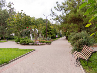 Abrau Durso, Russia 28 August 2024: Picturesque view of embankment of lake Abrau on sunny day in Abrau Durso