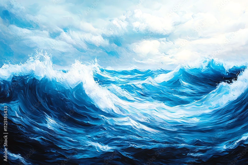 Poster vibrant ocean waves crashing under a cloudy sky, creating a dynamic seascape.