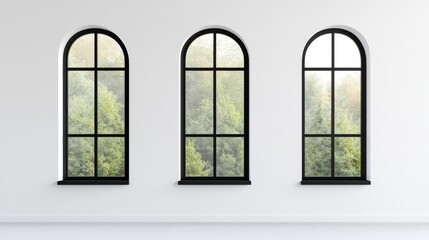 Illuminating minimalism, three blackframed windows in a white room, embracing natural light and modern design