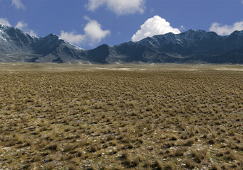Fields with mountains landscape 3d render. No AI used