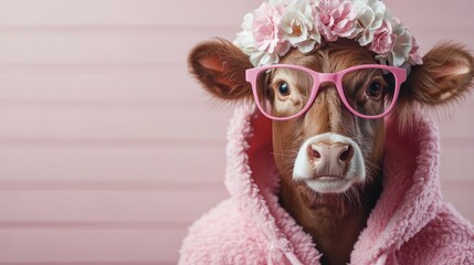 A charming cow dressed in a pink robe with a delightful floral headband and pink glasses, set against a soft pink background, showcasing a whimsical style.