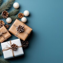 Festive blue background featuring beautifully wrapped Christmas gifts with pinecones and decorative elements