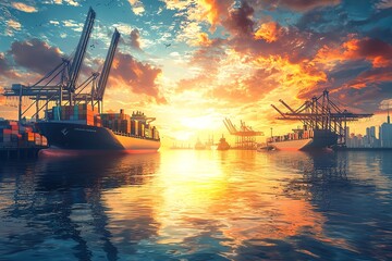 Obraz premium Vibrant sunset over a busy harbor with cargo ships and cranes reflecting in the water.