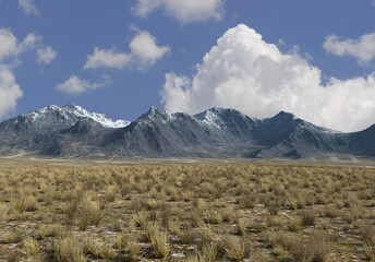 Fields with mountains landscape 3d render. No AI used